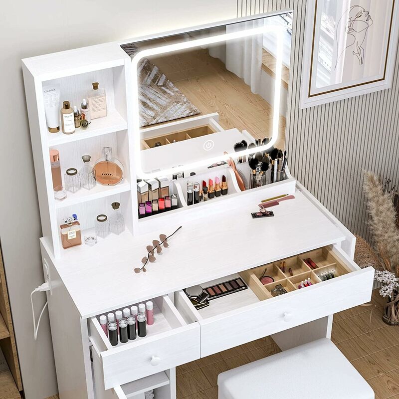 IRONCK-Vanity Desk com Espelho Iluminado LED e Tomada, Mesa de Maquiagem com Gavetas e Gabinete, Banqueta Branca, Quarto, Arrumação