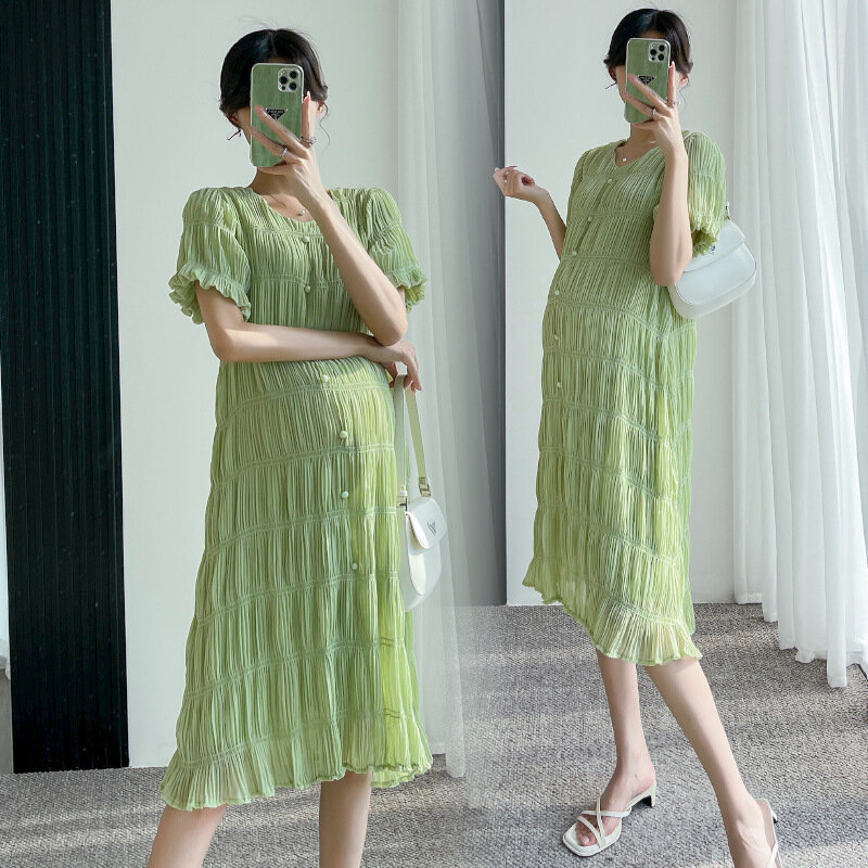 Texture Chiffon Maternity Dresses Summer Clothes For Pregnant Women 2022 New Solid V-Neck Fresh Green Loose Pregnancy Vestidos