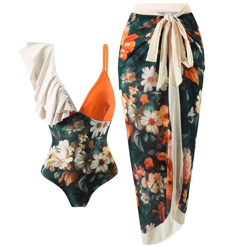Pakaian renang wanita satu potong cetak Floral Ruffle pakaian renang 2024 wanita Deep V Bikini musim panas pakaian pantai pakaian renang pakaian mandi