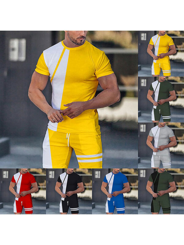Setelan baju olahraga motif Patchwork pria, setelan kaus modis kasual 2 potong, baju latihan Tracksuit dan celana pendek, Set pakaian olahraga musim panas
