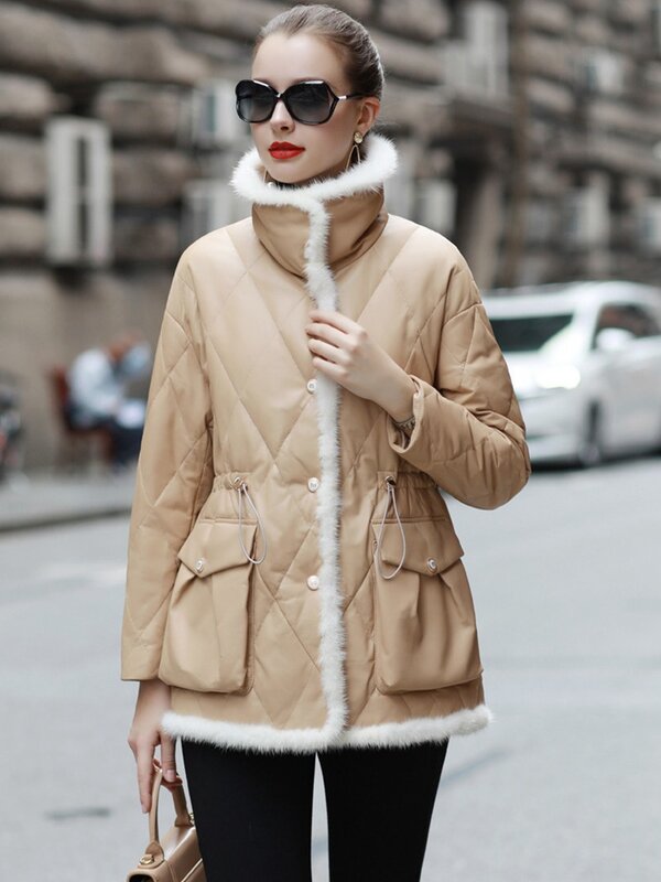 European Sheepskin Leather Suede Down Coat Mink Fur Trimming Women Slim Jacket Outerwear Overcoat LF2327BM