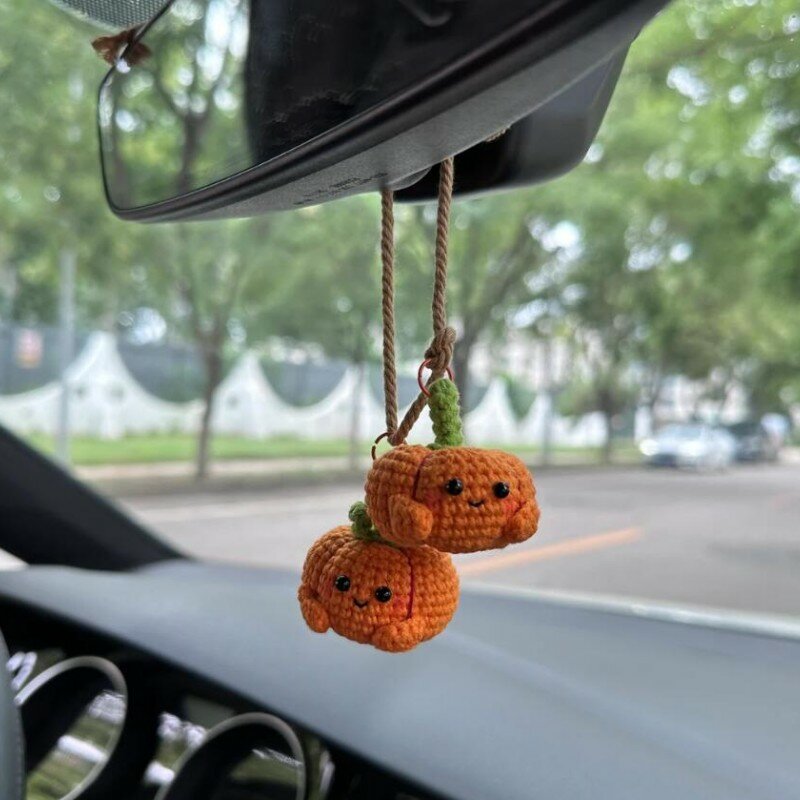 Halloween Crochet Pumpkin Car Mirror Acessórios decorativos Hand-Woven Pingente Lady Bag Abóbora Chaveiro, Car Key Alloy Pendant