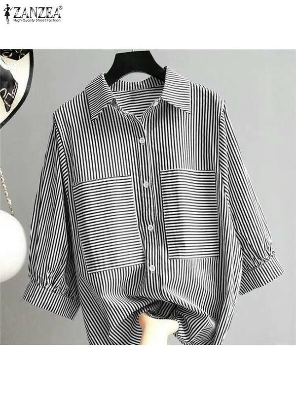 ZANZEA Office OL Shirt Women Summer 3/4 Sleeve Striped Blouse Lapel Neck Buttons Down Blusas Elegant OL Work Tops Chemise Mujer