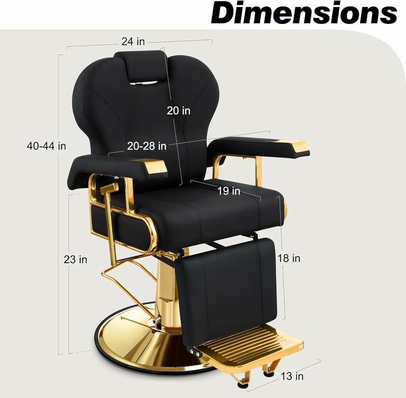 Cadeira de salão reclinável profissional com encosto ajustável, elegante cadeira de barbeiro, Heavy Duty Steel Frame, preto e dourado