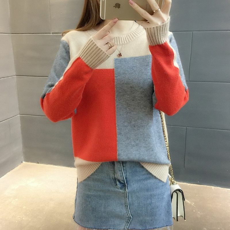 Autumn Winter New Fashion Women Solid Color Block Pullover Sweater Ladies Round Neck Knitted Tops Female Long Sleeve Jumper 2022