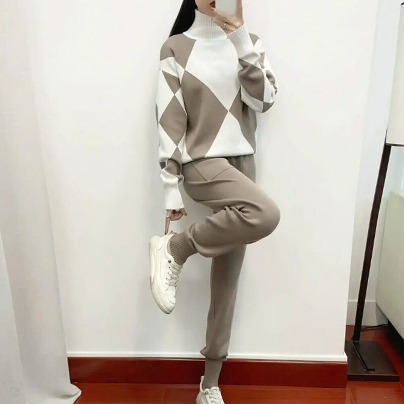 Conjunto de calças e camisola estampada geométrica feminina, malha aconchegante com gola alta, roupeiro casual inverno, outono