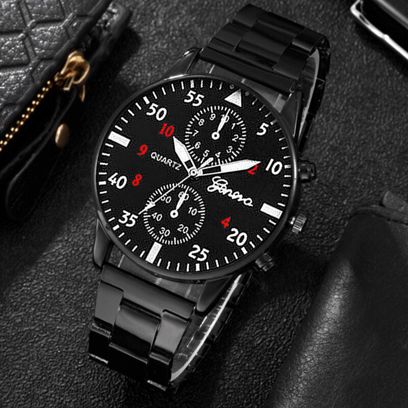 3PC Set Fashion Mens Business Watches Men Casual Black Bracelet Pendant Necklace Stainless Steel Quartz Watch Relogio Masculino