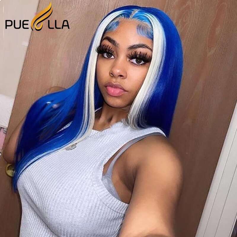 Brazilian Ombre Blue Human Hair Wigs Highlight 5x5 HD Lace Closure Wig for Women Straight HD Lace Frontal Wig 13x6 30Inch