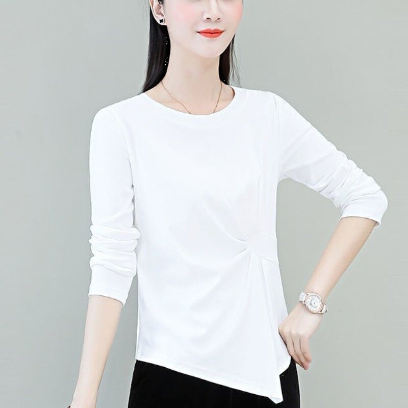 Round Neck Pullover Top Spring Autumn 2024 New Style Age Reduction Slim All-match Solid Color Long Sleeve Folds Women's T-shirt