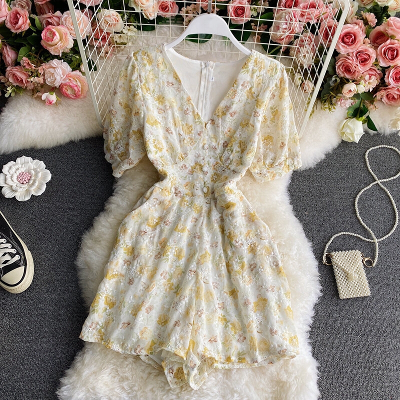 Summer Sweet Floral V-neck Short Sleeves Jumpsuits For Women Chic Waist Slimming Embroidery Wide Leg Short One Piece Outfit