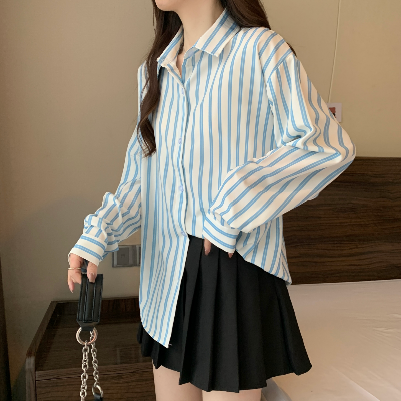 DUOFAN Nova Camisa de Manga Longa Feminina Primavera Verão Stripe Design Sense Moda Blusas Senhora Versátil Turn Down Collar BlusasTops