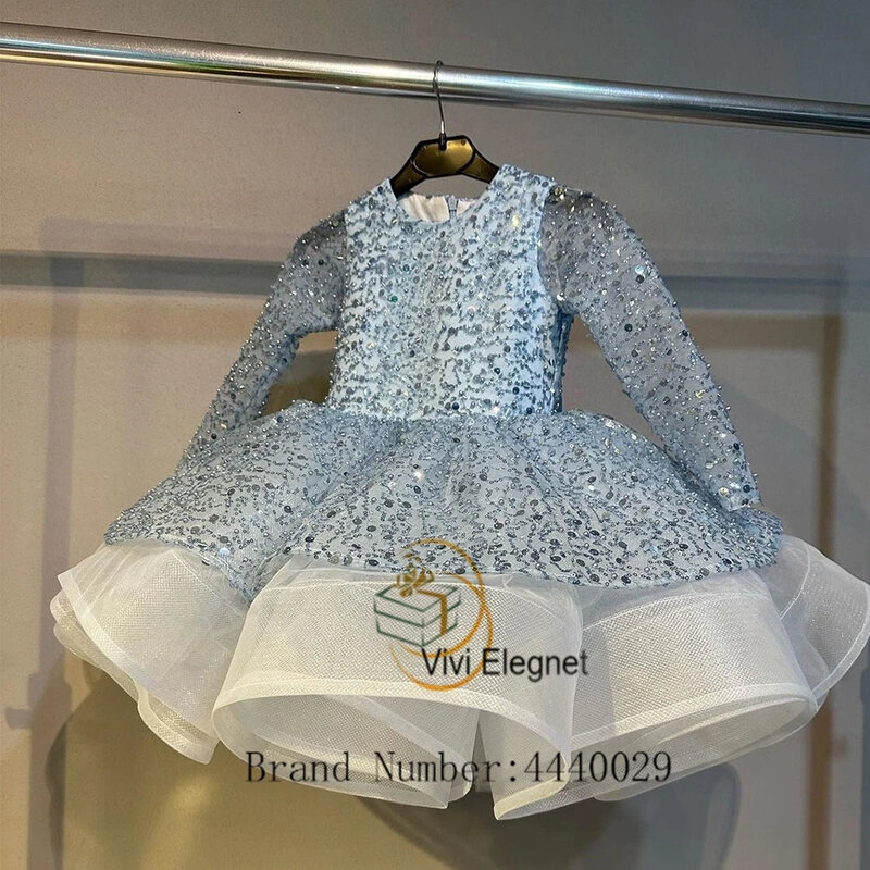 Scoop Flower Girls Dresses for Women Full Sleeve Christmas Gowns with Sequined 2024 Summer New Zipper Back فلور فتاة اللباس