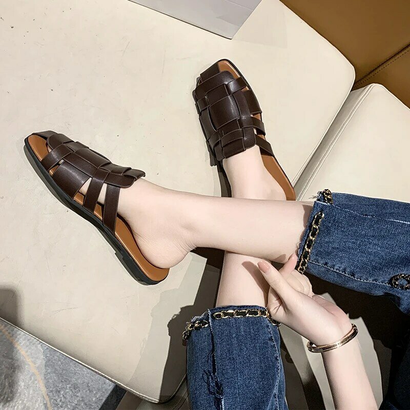 Women's Flat Slippers Women Summer Shoes Women Fashion Square Toe Slides Women Hollow Breathable Gladiator Casual Ladies Shoes