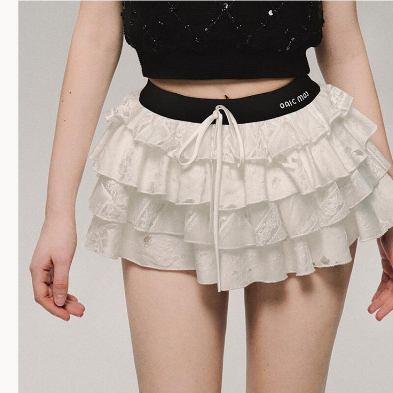 Милая пикантная белая мини-юбка Deeptown с оборками плиссированные короткие юбки со шнуровкой, Повседневная многослойная Лоскутная юбка