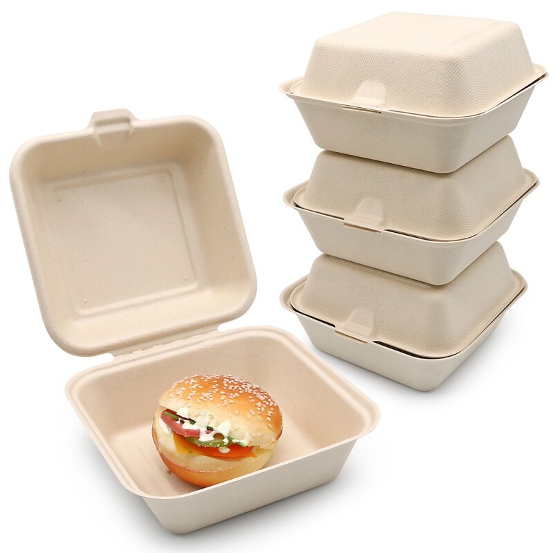 Customized product6x6 8x8 inch Biodegradable Disposable Takeaway Sugarcane Bagasse Food Container Takeout Paper Burger Box