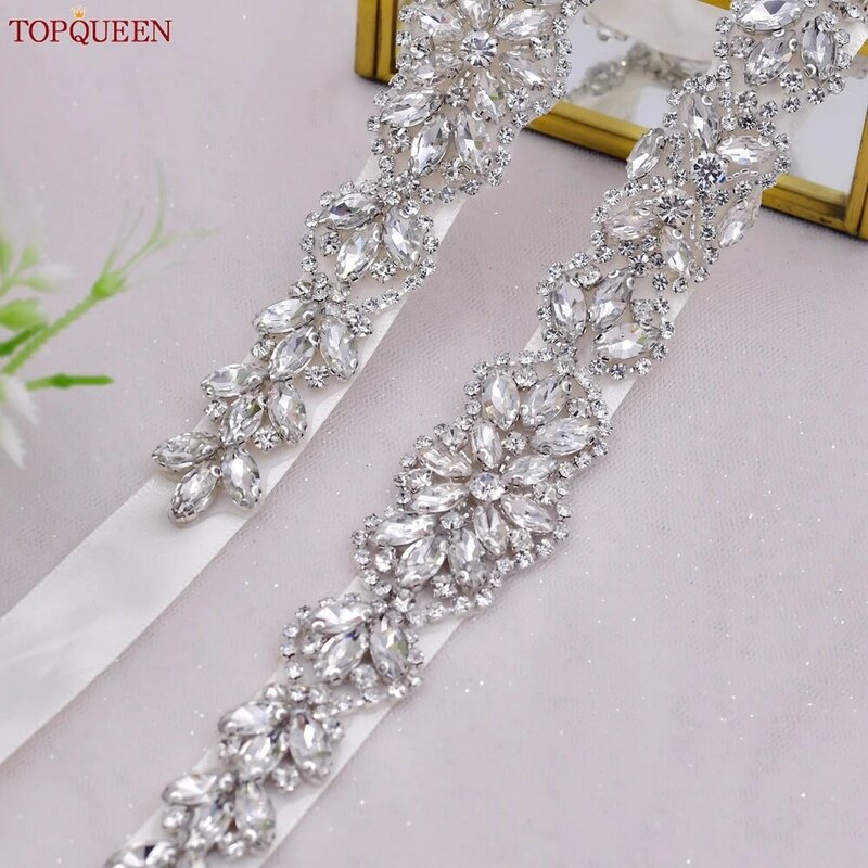 TOPQUEEN – ceinture pour robe de mariée S75, strass en cristal argenté, élégante, luxueuse, perlée, faite à la main, pour demoiselle d'honneur