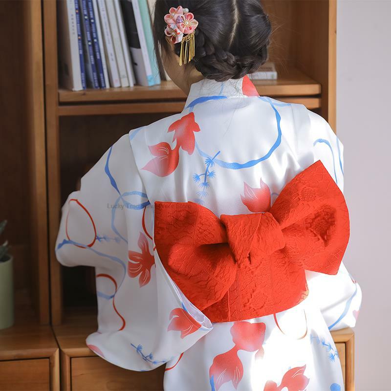 Kimono Estilo Japonês do Japão Kid Girl's Retro Long Dress Gold Fish Prints Crianças Performing Dress Photography Wear Roupão