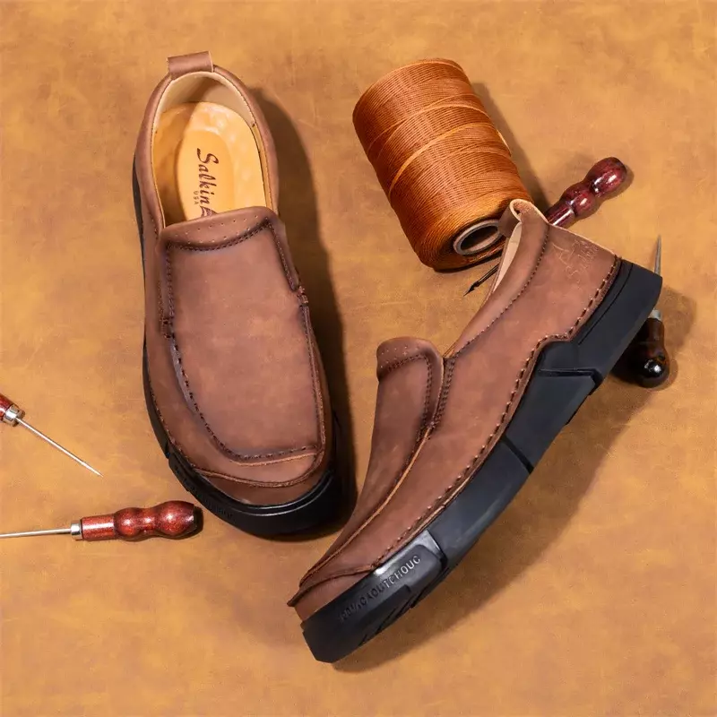 รองเท้าหนังลำลองของผู้ชายรองเท้าผู้ชายหนังแท้ผูกเชือกรองเท้าหนังส้นเตี้ยแบนสำหรับฤดูใบไม้ร่วง