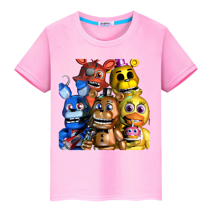 Fnaf-kawaiiプリントTシャツ子供用、男の子と女の子のためのカジュアルなショートトップ、綿100% 、クマとウサギ、ゲーム、アニメのTシャツ、y2k、1個、夏