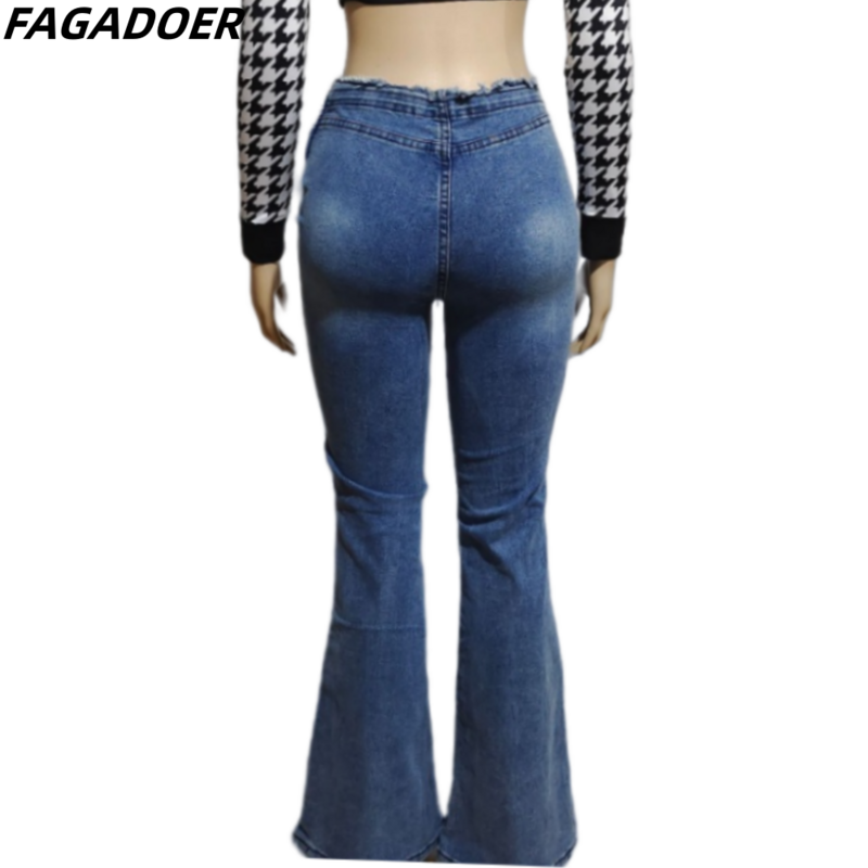 FAGADOER-Pantalon en denim bleu vintage pour femme, streetwear, taille haute, fermeture éclair, slim, décontracté, couleur unie, fjAutomne