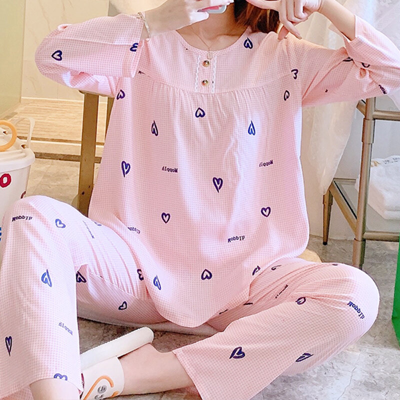 Spring Autumn Sleepwear Women's Summer Pajamas Set Cute Heart Printed Ladies Two-Piece Long-Sleeve Trousers Home Wear Suit 잠옷