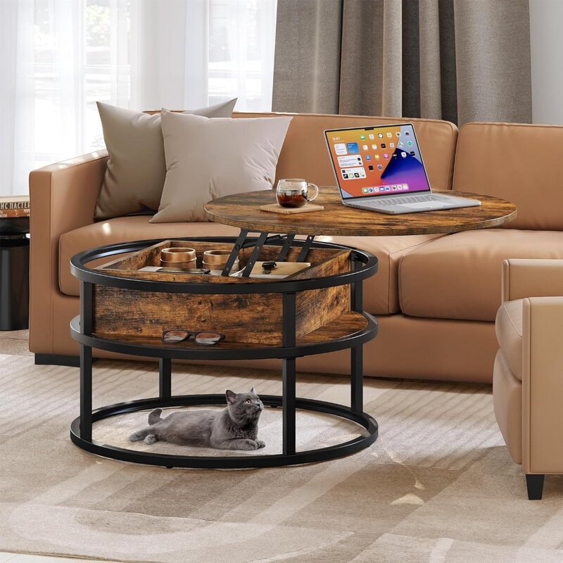 원형 리프트 탑 커피 테이블, 집 사무실용 보관함 포함, 숨겨진 보관함 의자 포함, 거실용 커피 테이블