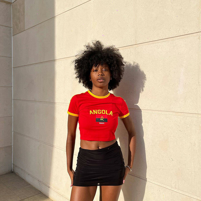 Hip-hop Harajuku Grunge angola Bandeira Nacional T-shirt com estampa de texto Streetwear Y2k Colheita Tops Verão Aconchegante Mulheres Sexy Camisola