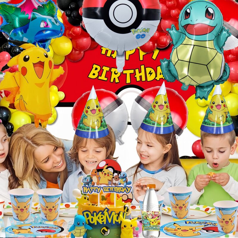 Decoraciones de fiesta de cumpleaños de Pokémon, globos de Pikachu, vajilla, plato, mantel, máscara, Baby Shower, suministros de fiesta para niños, juguetes para niños