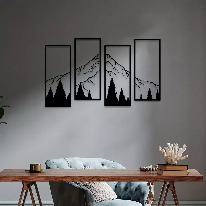 Escultura cuadrada de metal minimalista de 4 piezas para decoración del hogar, escultura de Metal de montaña, sala de estar, dormitorio, arte de pared único