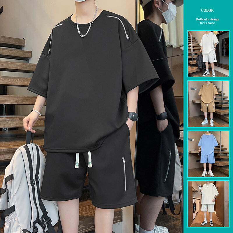 Zomer 2024 Nieuwe Koreaanse Mode Streetwear Hiphop Casual Kort Tshirt 2 Delige Set Zomer Trainingspak Heren Harajuku Oversized T-Shirt