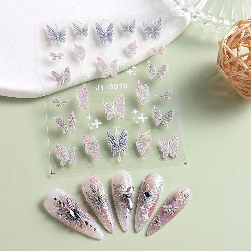 Pegatina de manicura de uñas de mariposa grabada en acrílico, cristal holográfico, Hada, flores rosas, calcomanías adhesivas, envolturas de láminas de primavera