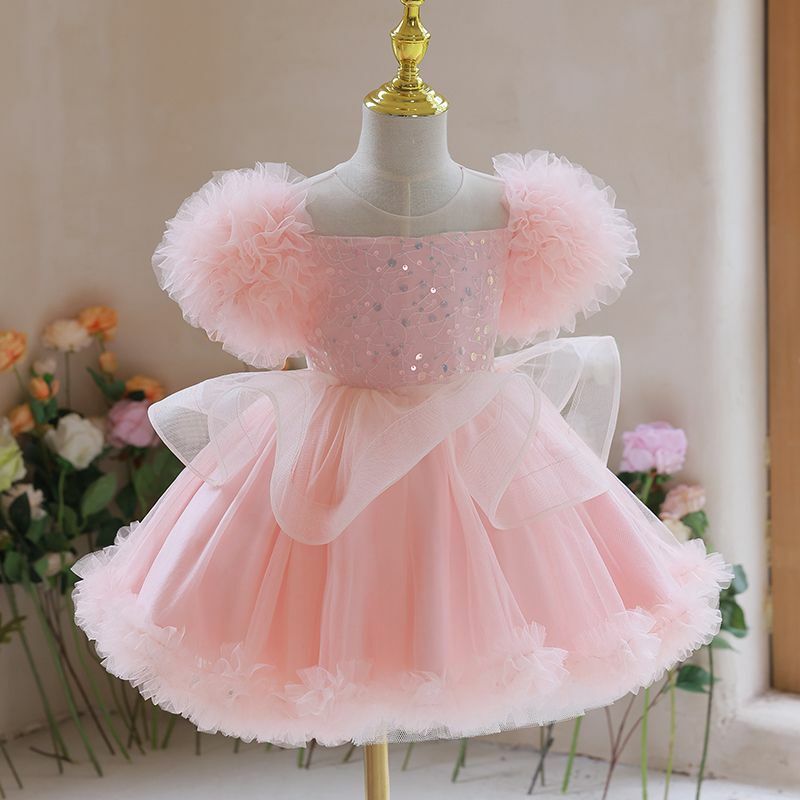 2024 летнее платье для девочек, розовое элегантное женское платье принцессы, детское кружевное бальное платье с бантом и цветочным орнаментом на день рождения, женская одежда