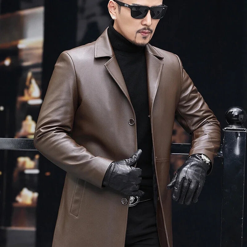Tcyeek-casaco masculino de pele de carneiro de comprimento médio, jaqueta de couro real, trench coats, jaquetas, roupas da moda, outono e inverno