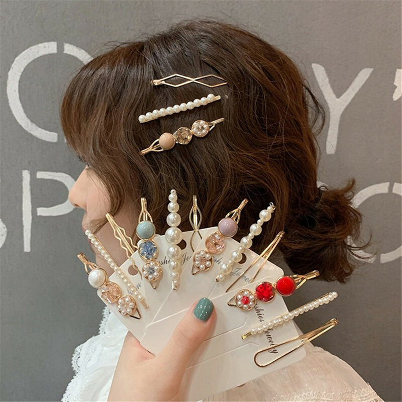 Ensemble de pinces à cheveux en métal pour femmes, 3 pièces, Style coréen, perles, épingles géométriques avec strass, accessoires, cadeaux pour filles