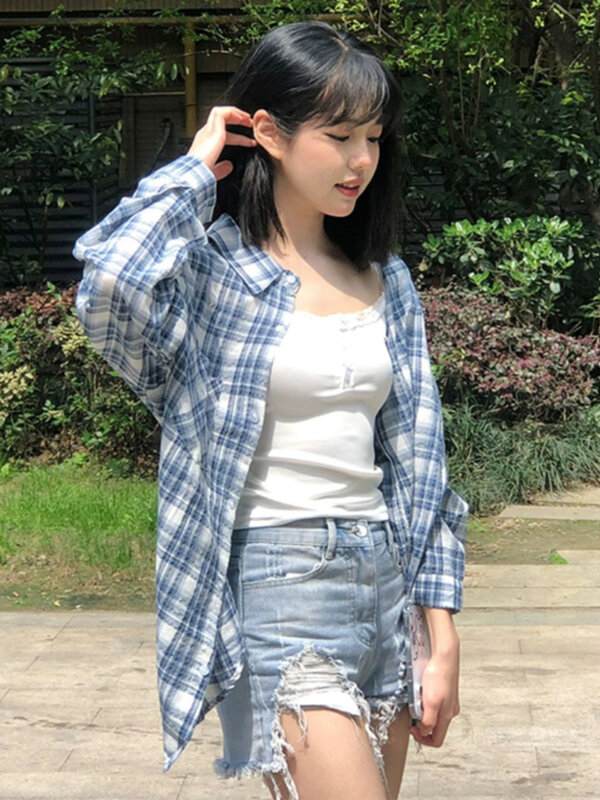 Karierte Hemden Frauen jugendliche beliebte Slouchy All-Match lange Ärmel japanischen Stil Hotsweet Mode Paar Tops Herbst College