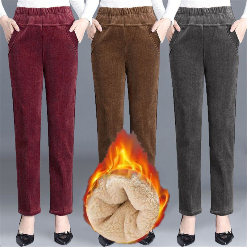 Pantalones cálidos de Cachemira para mujer, Pantalones rectos de pana gruesa informal, cintura delgada Vintage, agregar terciopelo, Invierno