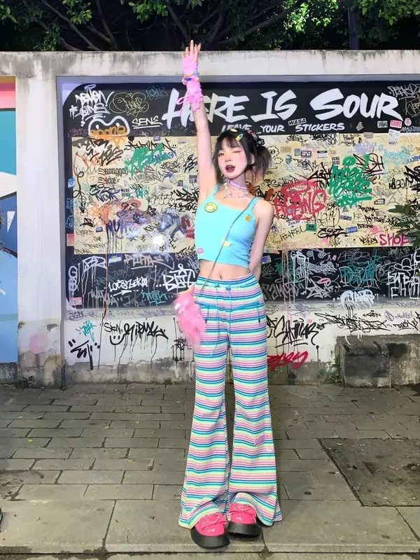 Meninas Rainbow Stripe Solto 2 Piece Set, T-shirt simples, calças de perna larga, cintura elástica, Y2K