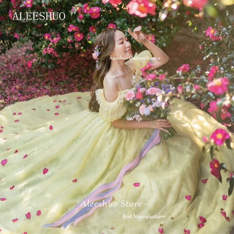 Fairy Korea Lady Yellow A Line Lace Prom Dresses, cintas de espaguete, vestido de noite do Sweep Train Garden, Photoshoot da noiva, 2024