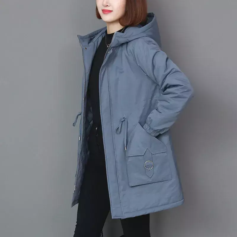 Женская Стеганая одежда средней и длины, теплая зимняя одежда, корейское свободное плотное пальто из хлопка, куртка с капюшоном и карманами
