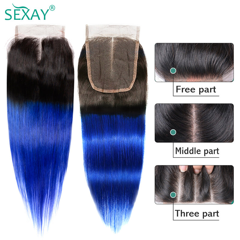 Perruque Lace Closure Wig brésilienne naturelle ombrée, 2 tons, bleu 1B, avec Baby Hair, pré-colorée, rouge, blond miel, soldes
