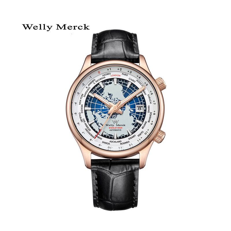 Welly Merck Relógios Mecânicos Automáticos Masculinos de Aço Inoxidável Resistente à Água 100M Vidro de Safira Relógio de Negócios com Hora Mundial 8215