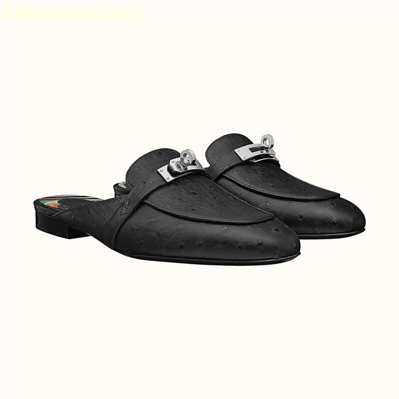 Cowhide Round Toe Metal Buckle Women Shoes 2024 Spring Summer New Style Slippers Slip On Casual Sandals Solid Color Large Size