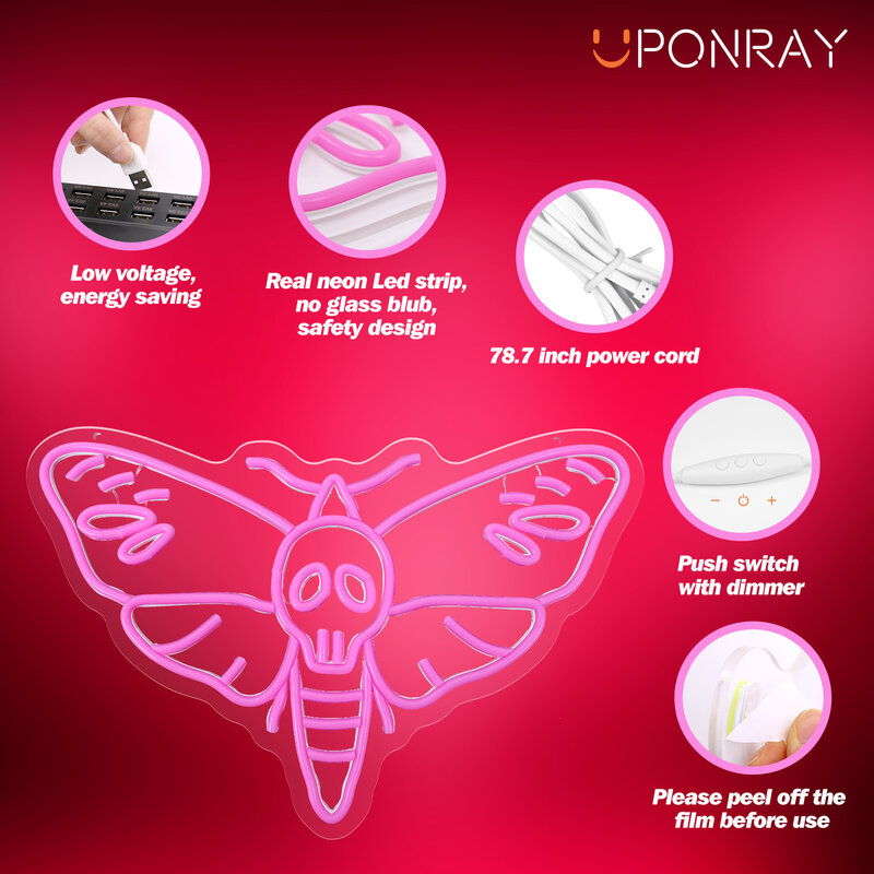 UponRay Death Head Moth Neon Signs LED Skull Butterfly for Wall Decor, Dimmable & Powered by USB Unique Insect Neon