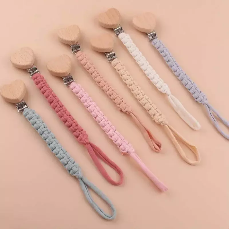 Hand Braided Infant Toddler Dummy Pacifier Chains Handmade Wooden Pacifier Soother Nipple Clips Baby Cotton Cloth Holder Chain