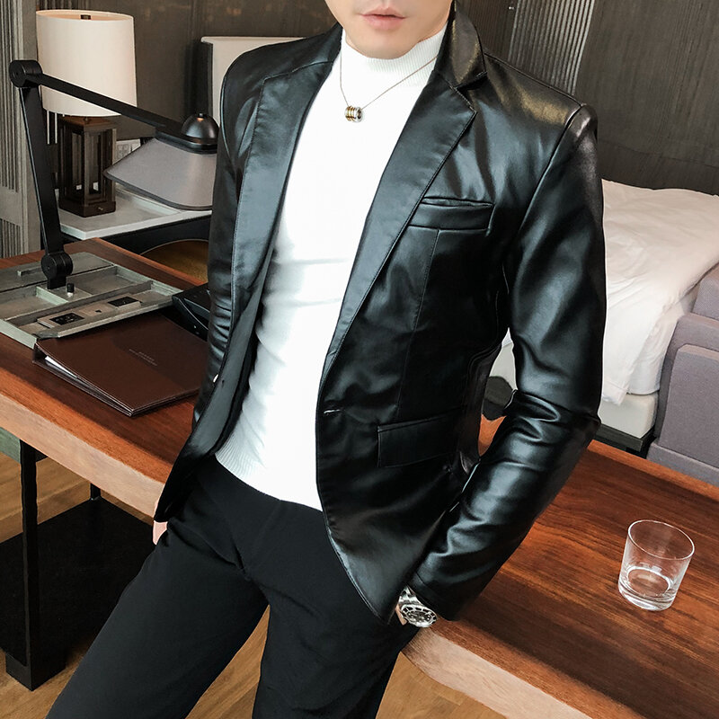 Мужской деловой роскошный пиджак, модный кожаный костюм, пиджак, облегающий текстурный высококачественный костюм с воротником, кожаная куртка