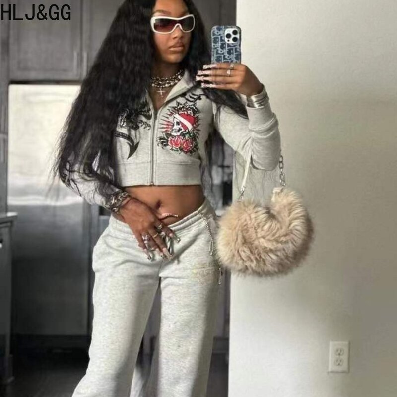 HLJ&GG Fashion Streetwear Women Pattern Printing Zipper Long Sleeve Crop Top And Jogger Pants Two Piece Sets Casual 2pcs Outfits