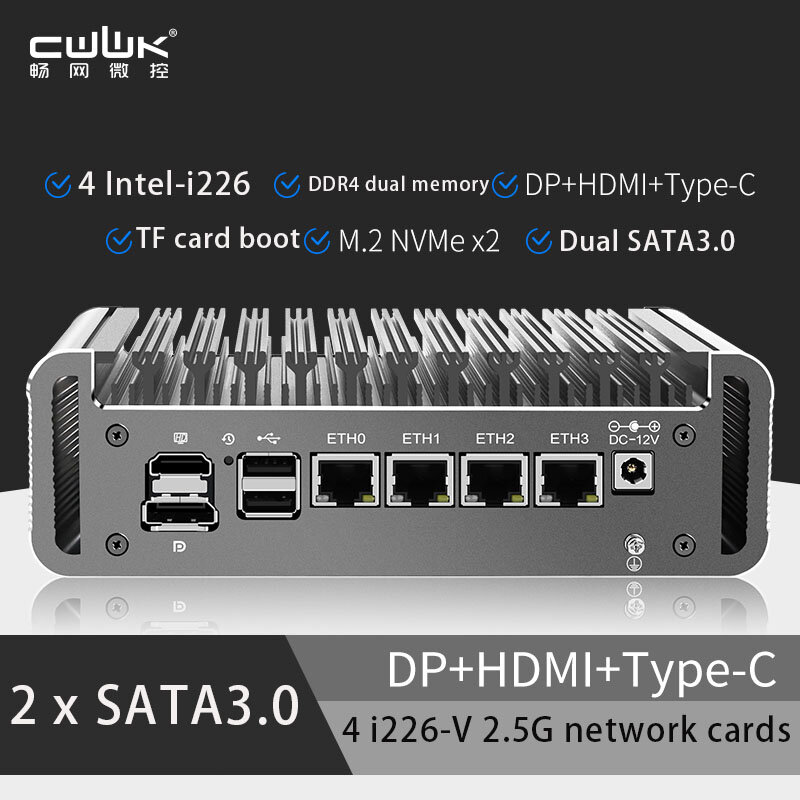 CWWK 12. Generacji Intel 2.5G miękki Router PC Celeron J6413/J6412 4 porty sieciowe i226-V LAN bez wentylatora Mini PC Firewall komputer