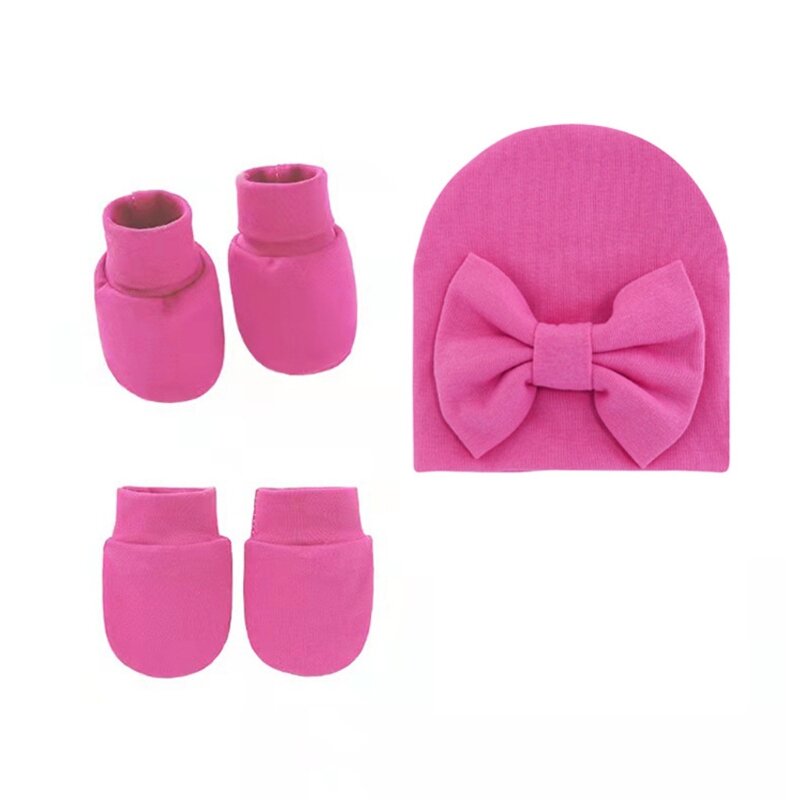 Детская шапка с бантом, перчатки без царапин, набор чехлов для ног, мягкие хлопковые варежки для младенцев, шапочки, шапка, для
