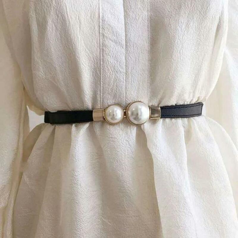 Women Waist Belt Elastic Adjustable Faux Leather Ladies Waistband Creative Pearl Buckle Ladies Dress Belt For Daily Wear