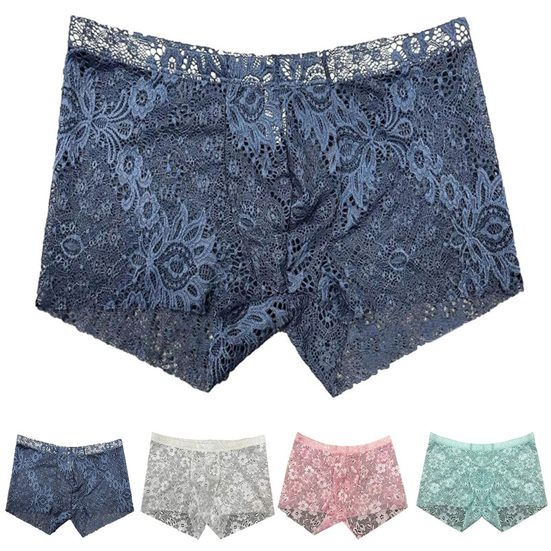 Sexy Mens Lace Shorts Boxer Breathable Underwear Solid Male Boxer Brief Middle Waist Panties Sleepwear Bikini Hombre Lingerie